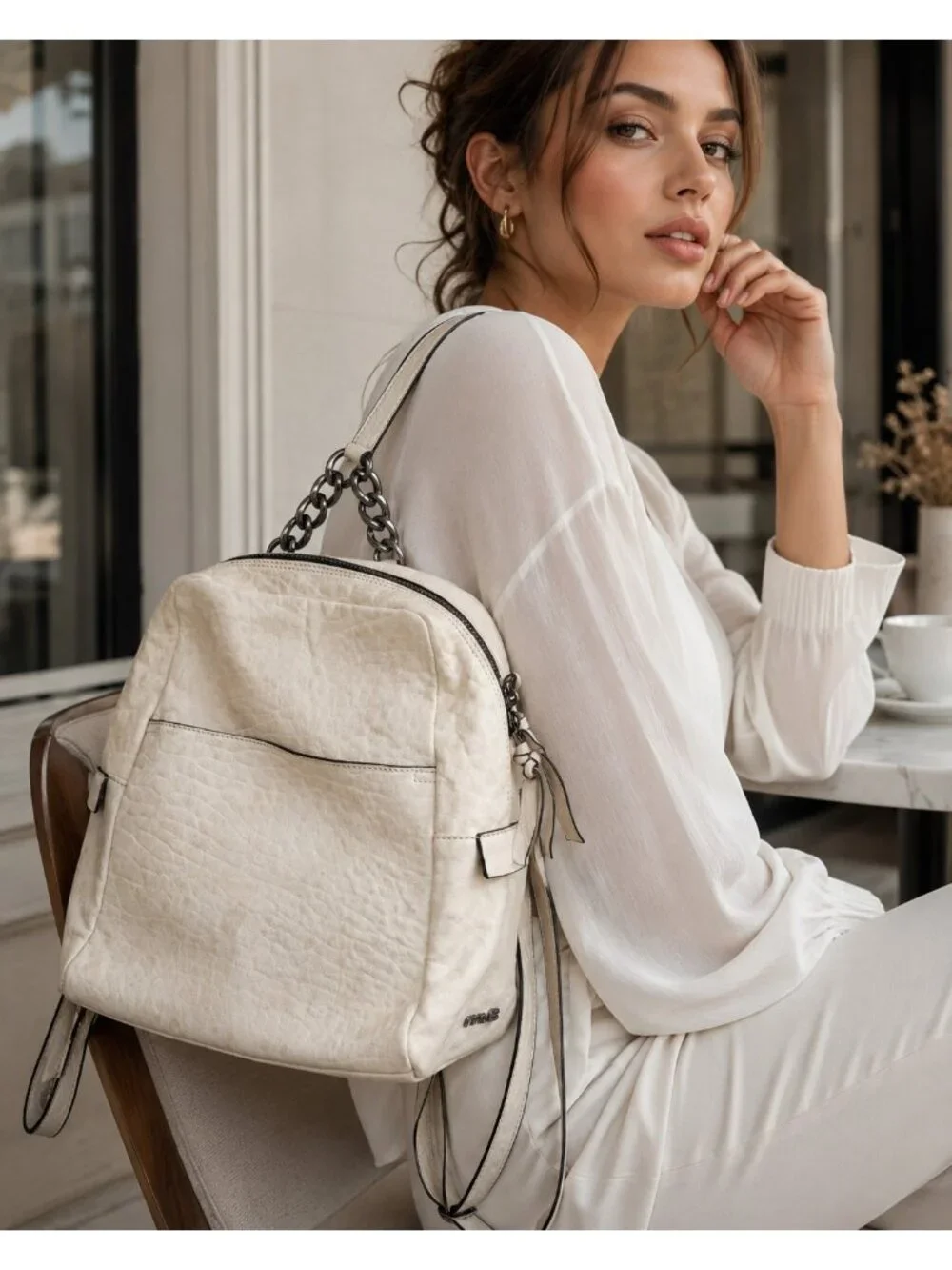 INNUE Made in Italy Ivory Leather Backpack Chain Handle Purse